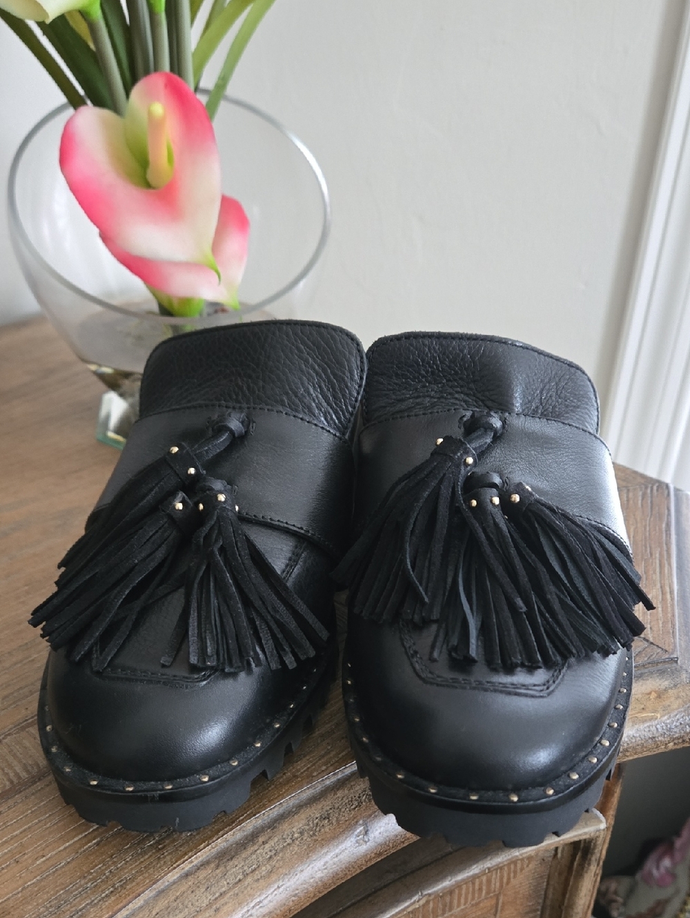 Johnston & Murphy Black Leather Tassel Mules For Women..comfort Quality New